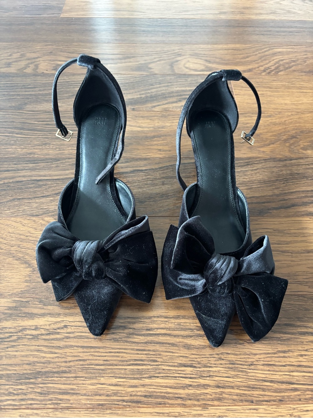 H&M Black Bow Velvet Pointed-Toe Ankle-Strap Heels